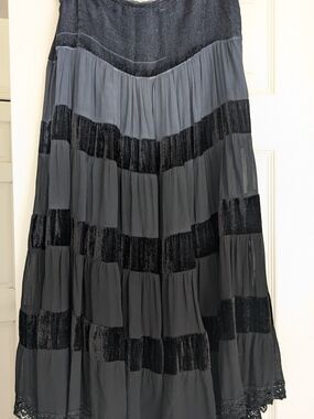 Tiered Black Maxi Skirt with Velvet Inset Panels
